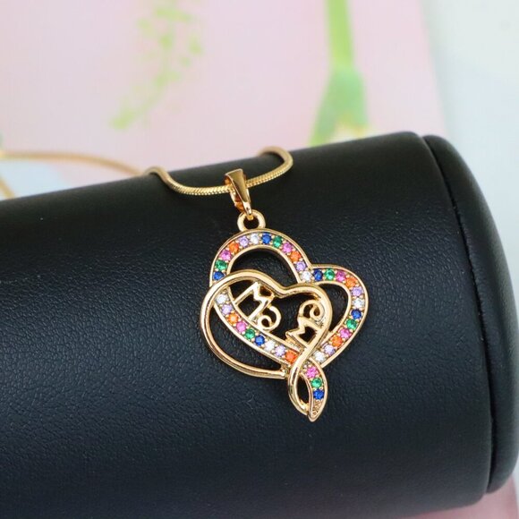 "Colorful Mom Heart Pendant in Rose Gold with Rainbow CZ, XPPT1287 - Picture 4 of 12